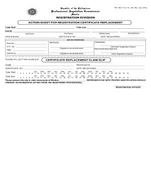 action sheet for registration certificate replacement